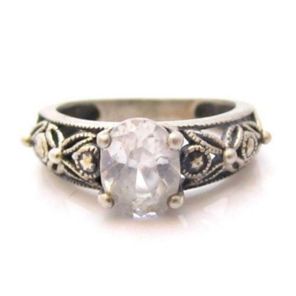 Vintage Floral Filigree‎ Solitaire Clear Stone Sterling Silver Ring Sz 6.25